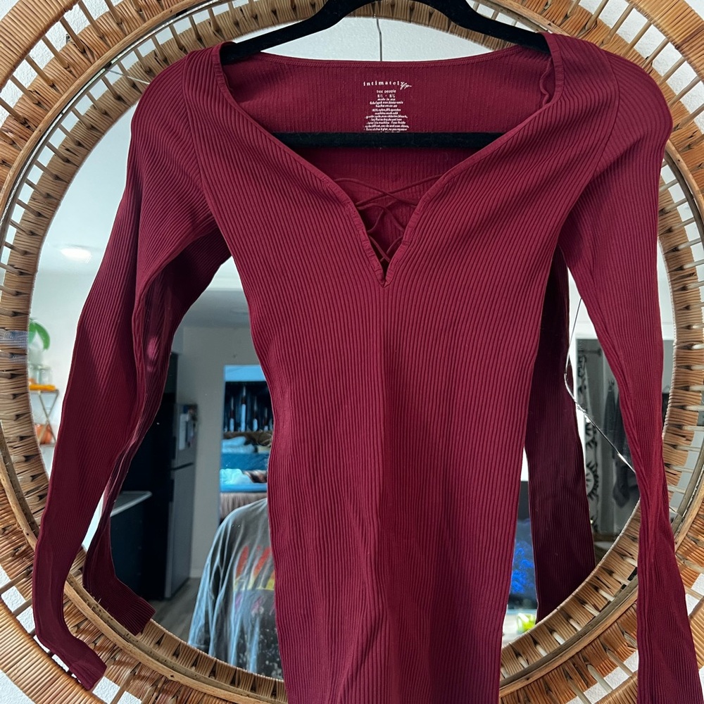 Free People Burgundy Ribbed Bodysuit